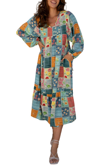 Sky Blue Mix Floral Checkered Pattern Bubble Sleeve Ruffle Hem Dress