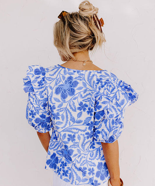 Dark Blue Floral Print Ruffled Bubble Sleeve Blouse