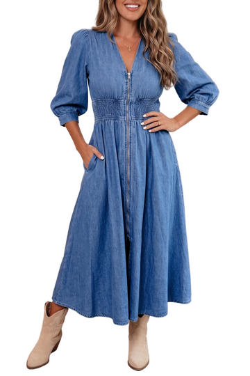 Blue V Neck Shirred Waist Metal Zipper Denim Midi Dress