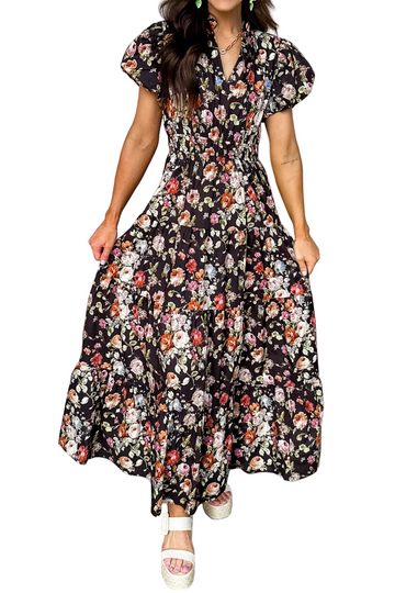 Black Floral Print V Neck Pleated Tiered Maxi Dress