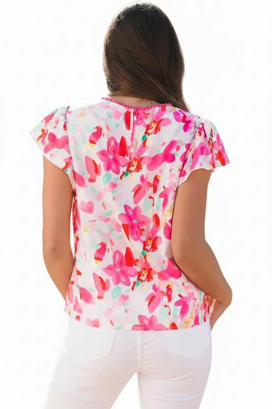 Rose Floral Print Flutter Sleeve Round Neck Casual Blouse