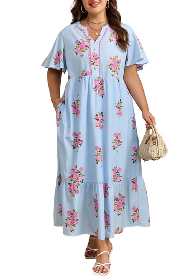 Sky Blue Plus Size Floral Print Scalloped Trim V-Neck Dress