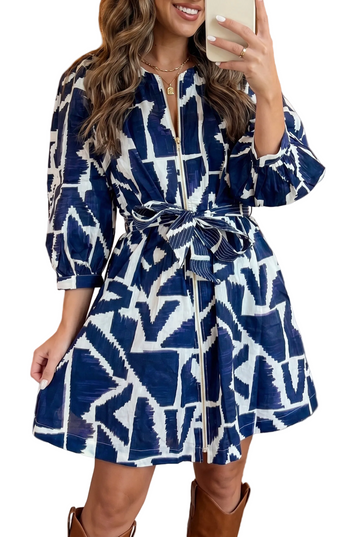 Blue Abstract Geometric Print Zip Front Tie Waist Shift Dress