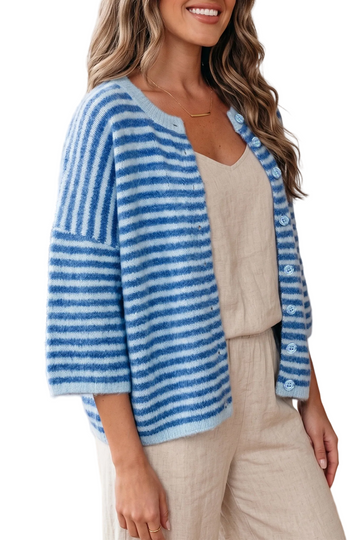 Blue Stripe Loose Half Sleeve Knit Button Down Sweater Cardigan