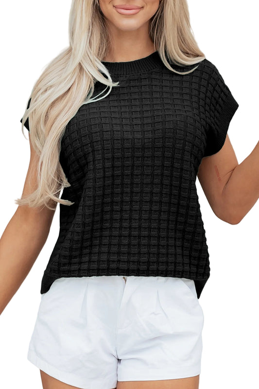 Black Solid Color Round Neck Textured Short Sleeve Sweater