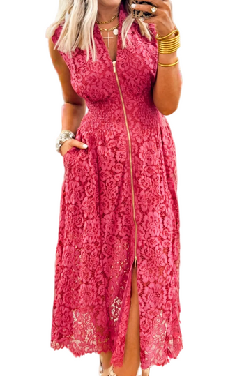 Coral Floral Lace Overlay Zip Up V Neck Smocked Waist Sleeveless Dress