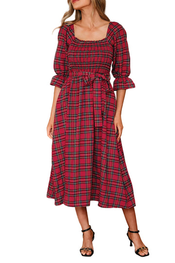 Red Tartan Plaid Square Neck Puff Sleeve Knot Waist Flared Midi Dress