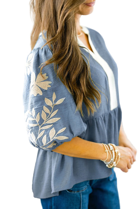 Myosotis Color Block Patchwork V Neck Embroidered Puff Sleeve Babydoll Blouse