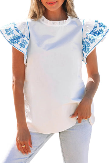 White Embroidered Ruffled Sleeve Frilled Collar Blouse