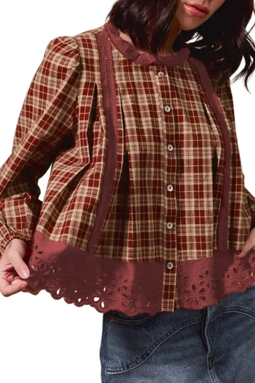 Red Dahlia Plaid Eyelet Lace Trim Button Down Loose Long Sleeve Shirt