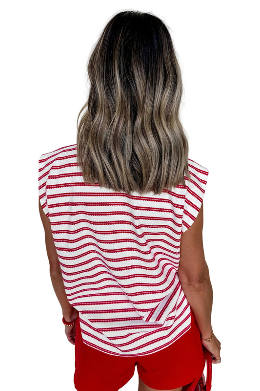 Red Stripe Textured Knit Button Detail Short Sleeve Casual Tee