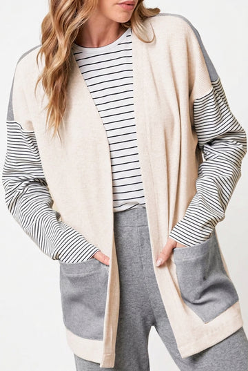 Black Stripe Colorblock Patchwork Open Front Cardigan with Pocket