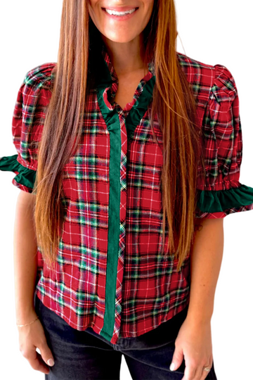 Red Plaid V Neck Ruffle Color Block Trim Short Sleeve Shirt