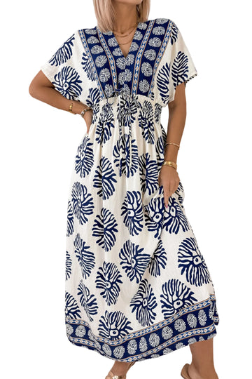 Blue Boho Floral Print Contrast Patchwork V Neck Dolman Maxi Dress