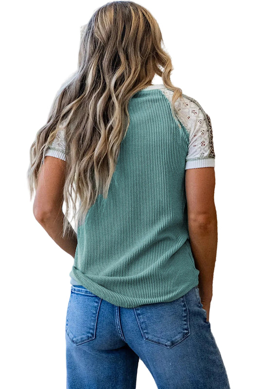 Green Bay Color Block Lace Leopard Patchwork Twisted Ribbed Tee