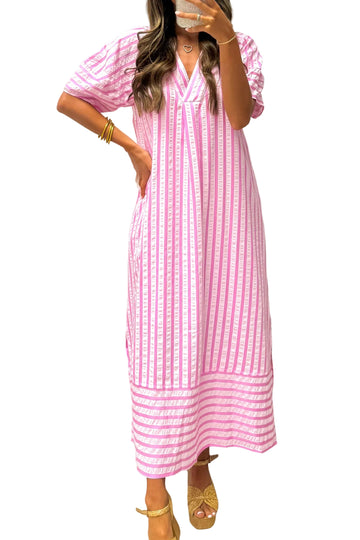 Pink Stripe V Neck Short Sleeve Shift Long Dress