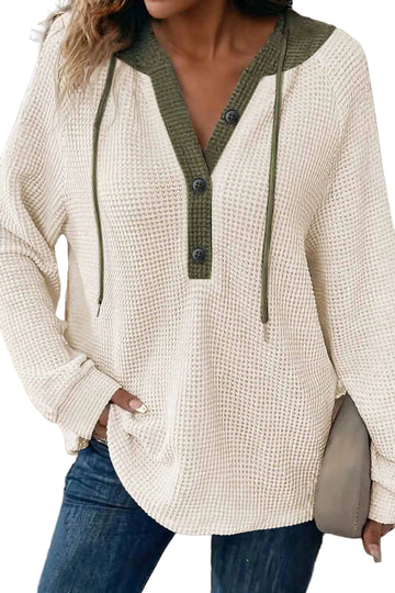White Waffle Contrast Half Buttoned Hooded Pullover Top