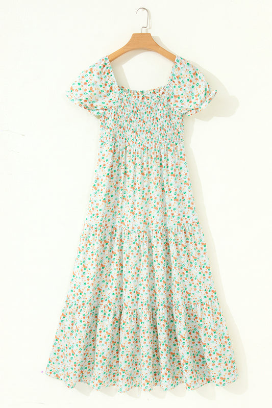 Green Floral Short Bubble Sleeve Shirred High Waist Maxi Dress