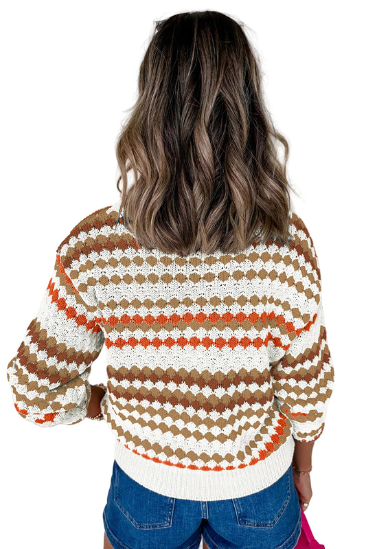 Brown Stripe Eyelet Patterned Drop Shoulder Sweater