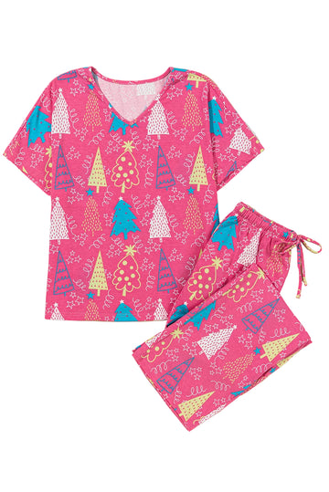 Rose Christmas Tree Print V Neck Tee and Pants Lounge Set