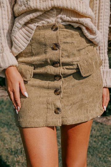 Camel Corduroy Buttoned Front Faux Pockets Mini Skirt