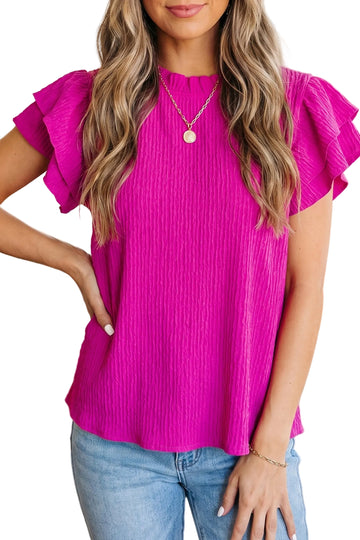 Rose Red Solid Color Textured Ruffle Trim Short Sleeve Blouse