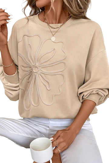 Parchment Embroidered Flower Pattern Drop Shoulder Sweatshirt