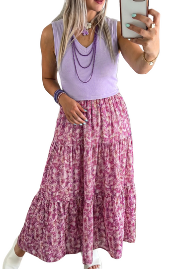 Purple Ribbed V Neck Tank Floral Contrast Patchwork Long Dress