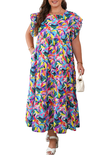 Blue Geometric Print Ruffled Short Sleeve Plus Size Tiered Maxi Dress