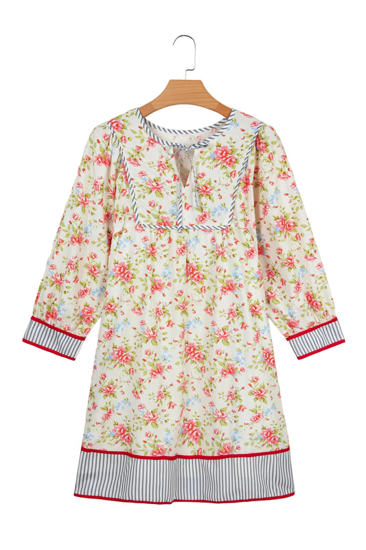 Apricot Striped Edge 3/4 Puff Sleeve Floral Dress