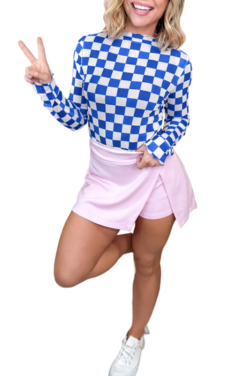 Dark Blue Plaid Mesh Sheer Long Sleeve Top