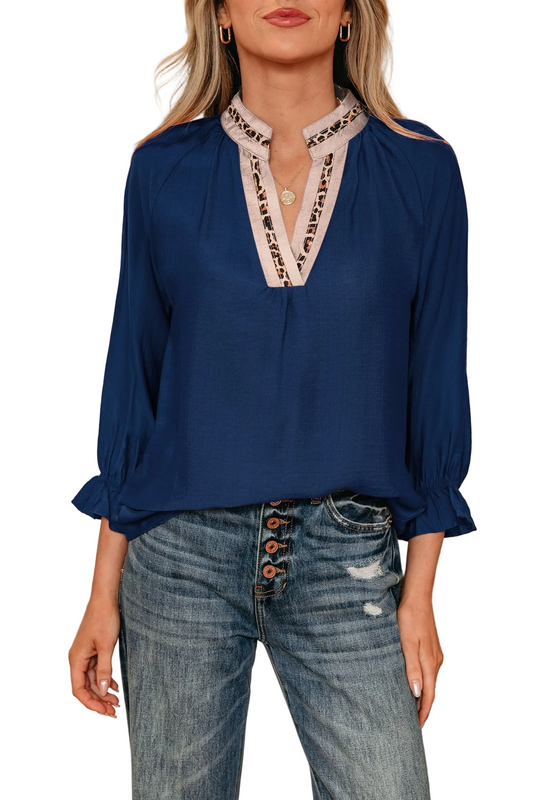 Dirty blue Leopard Trim V Neck Flounced Bracelet Sleeve Blouse