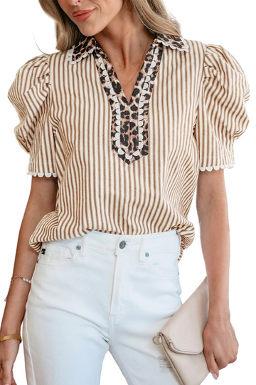 Brown Stripe Ricrac Trim Short Puff Sleeve Leopard Patchwork Collar V Neck Blouse