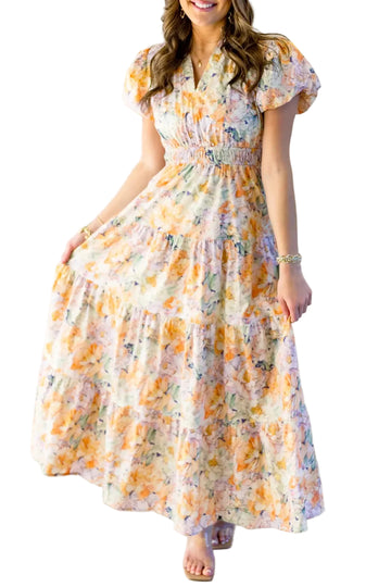 Orange Floral Bubble Sleeve V Neck Flared Maxi Dress