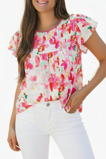 Rose Floral Print Flutter Sleeve Round Neck Casual Blouse