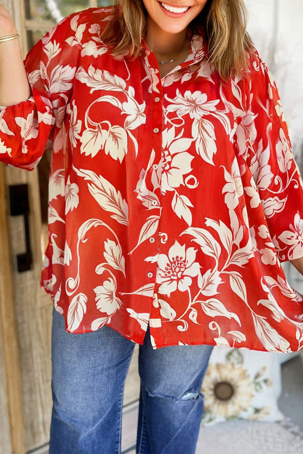 Red Plus Size Floral Print Loose Button Up Shirt