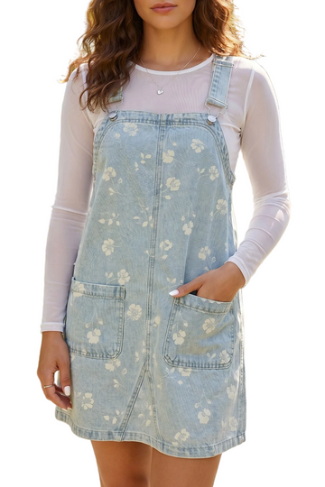 Sky Blue Retro Wash Denim Floral Print Overall Mini Dress