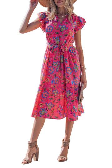 Rose Flutter Sleeve Belted Floral Long Dress