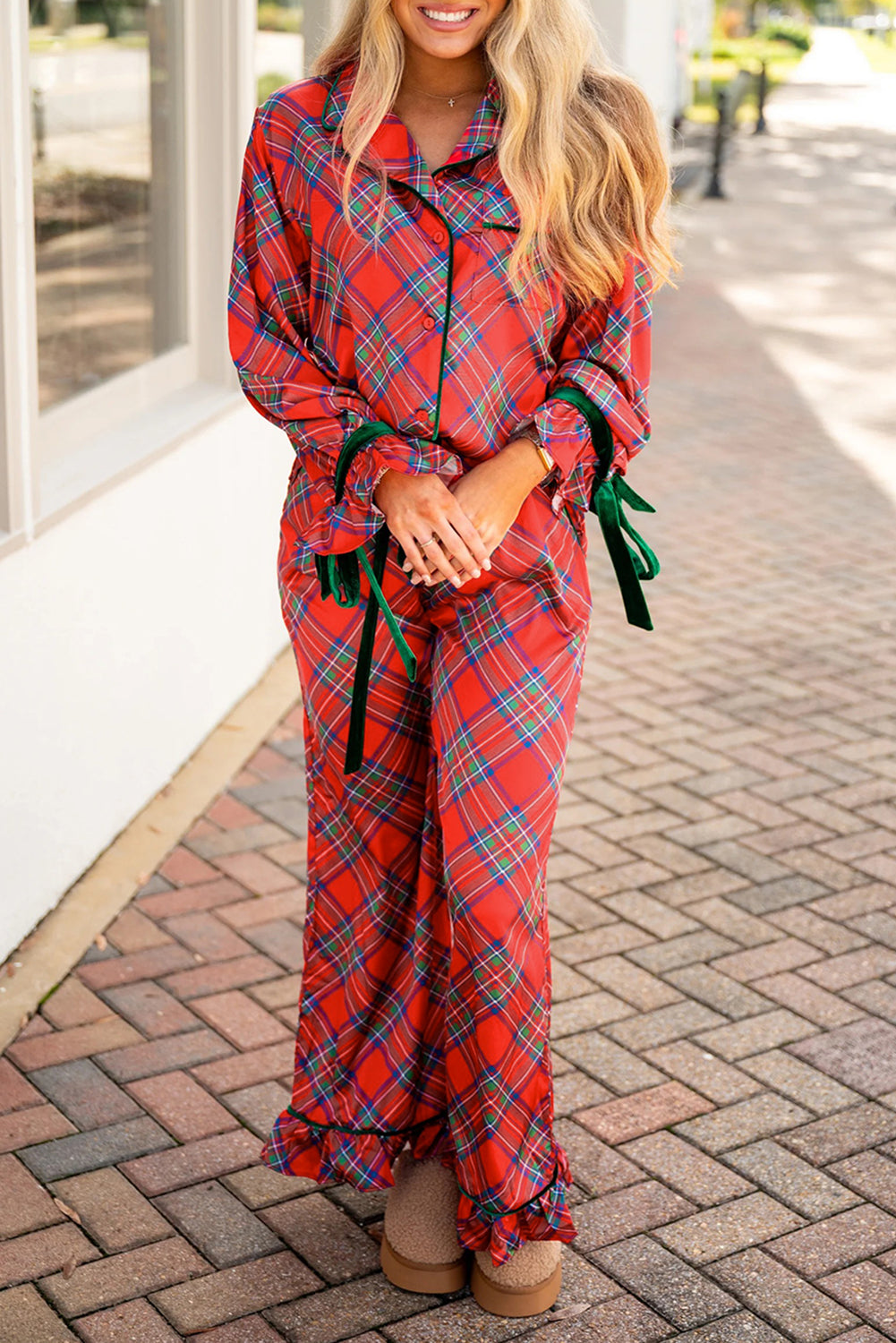 Fiery Red Christmas Plaid Satin Pajama Set with Contrast Velvet Ties