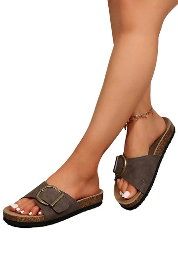 Coffee Buckle Decor Faux Suede Thick Sole Slippers