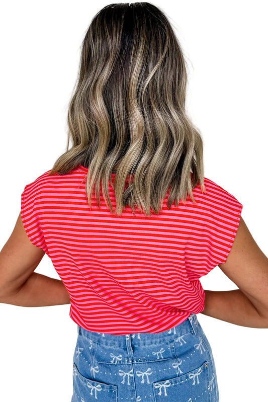 Red Stripe Ribbed Cap Sleeve Round Neck T Shirt
