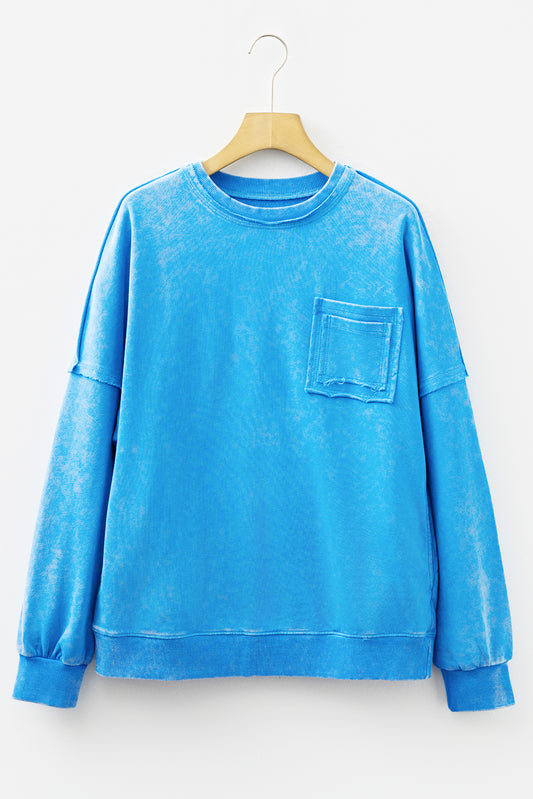 Blue Mineral Wash Raw Seam Double Patched Pocket Pullover Sweatshirt