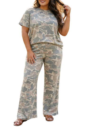 Multicolour Retro Camouflage Print Plus Size 2pcs Outfit