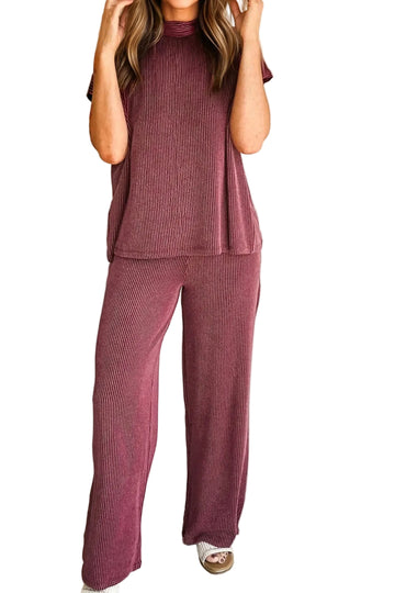 Burgundy Twisted Ribbed High Neck Loose Tee Elastic High Waist Loose Pant Set