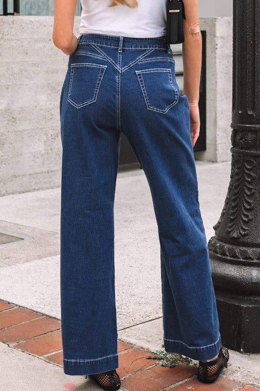 Sail Blue Stitched Waist Detail Loose Cuffed Jeans