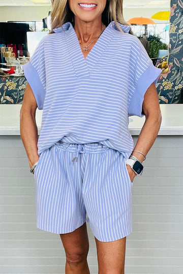 Sky Blue Stripe Dolman Sleeve Polo Shirt and Drawstring with Elastic Waist Combination Shorts Set