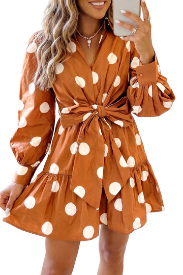 Brown Polka Dot Long Sleeve Tie Waist Casual Shift Mini Dress