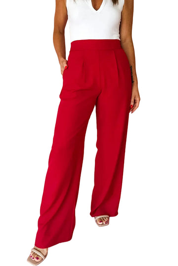Fiery Red Pleated Detail Pull On High Elastic Waist Loose Straight Pants