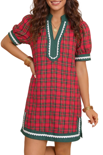 Red Plaid Mini Mini Shift Style Short Sleeve Dress