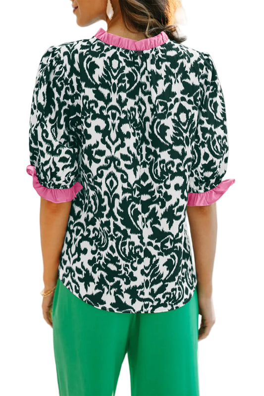 Green Damask Print Ruffled Color Block Detail Half Sleeve Blouse
